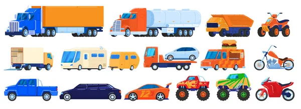 Voitures isolées sur blanc, camions et véhicules industriels ensemble, moto et camping-car, illustration vectorielle — Image vectorielle