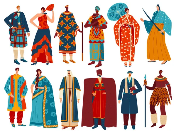 Multikulturella människor i traditionella nationella kostymer, isolerade seriefigurer, vektor illustration — Stock vektor