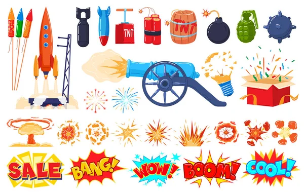 Conjunto de iconos de explosión aislados en blanco, explosión de dibujos animados, bombas y pegatinas de fuegos artificiales, ilustración vectorial — Vector de stock