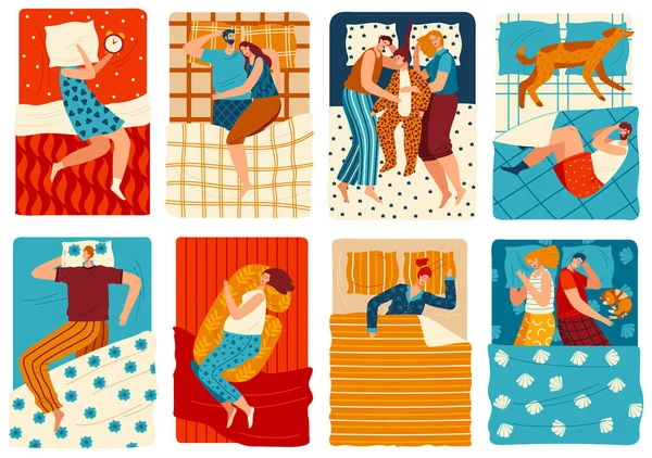 As pessoas dormem na cama, conjunto de personagens engraçados de desenhos animados, homens e mulheres desenhados à mão, ilustração vetorial — Vetor de Stock