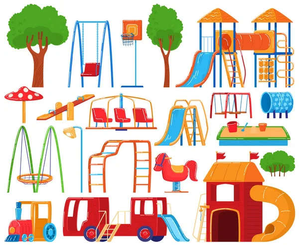 Coleção de playground, conjunto de ícones isolados em branco, equipamentos para crianças do jardim de infância, ilustração vetorial —  Vetores de Stock