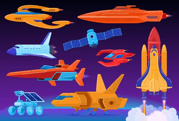 Набір космічного транспорту, наукова фантастика космічний корабель і шаттл, футуристичні технології, Векторні ілюстрації — стоковий вектор