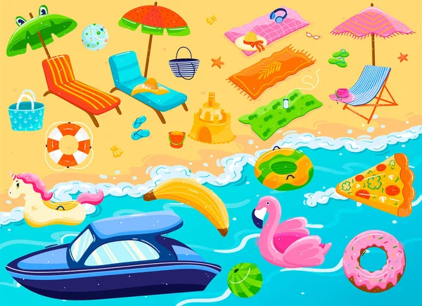 Conjunto de artículos de vacaciones de playa de verano, accesorios de resort de recreación de vacaciones, ilustración vectorial — Vector de stock