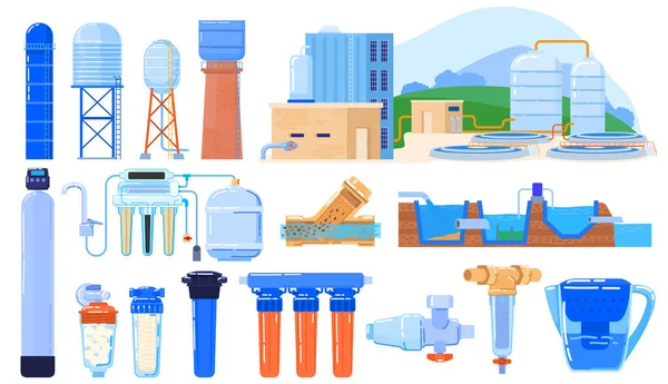 Sistema de la industria del filtro de agua aislado en blanco, ingeniería del sistema de purificación, ilustración del vector — Vector de stock