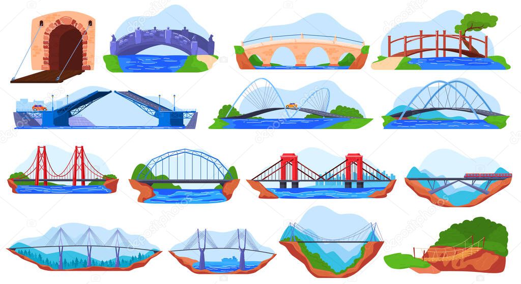 Bridge collection, set of different stickers isolated on white, vector illustration