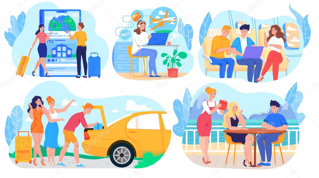 People travel by plane and car, business trip or summer vacation, set of cartoon characters, vector illustration