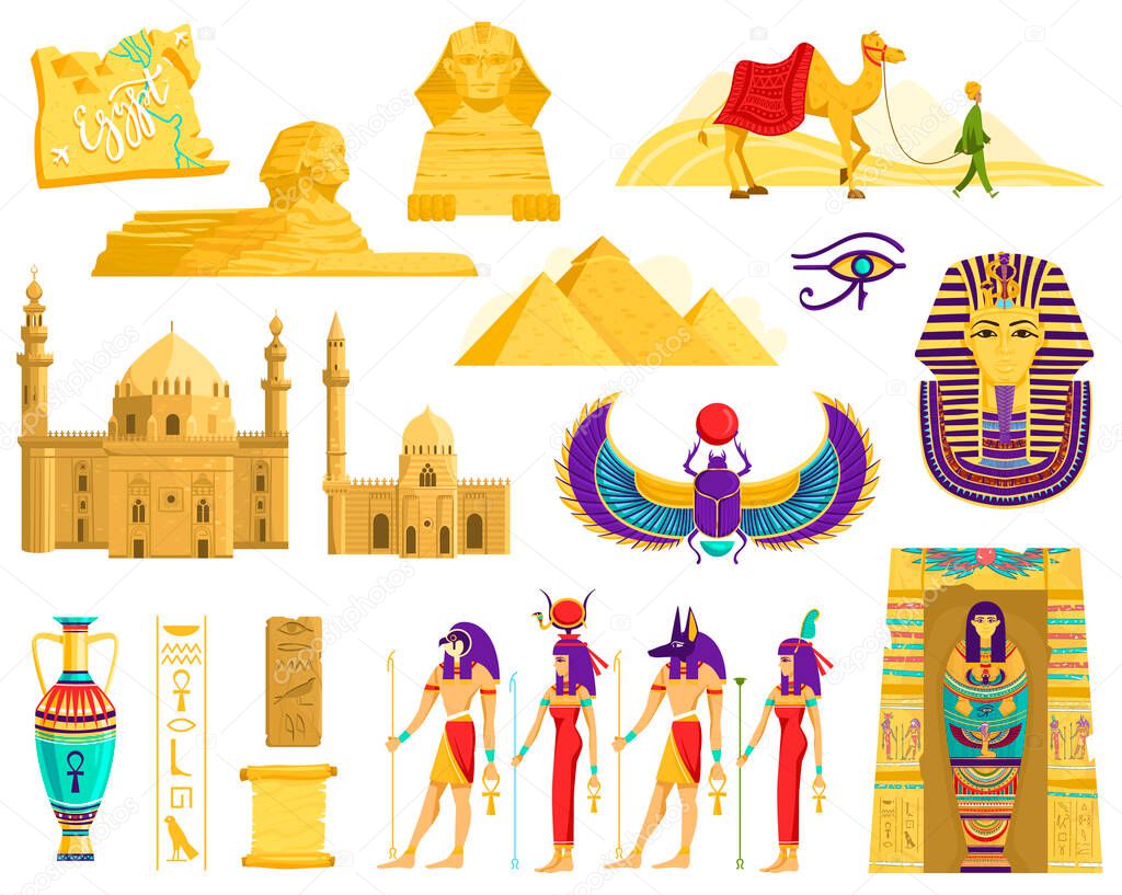 Symbols of ancient Egypt, architecture and archeology landmarks isolated on white, vector illustration