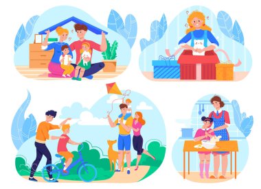 Aile hayatı günlük yaşam tarzı ve aktiviteler izole edilmiş vektör çizimleri, parktaki çocuklu ebeveynler, birlikte yemek pişirme..