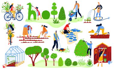 Bahçıvanlık seti, bahar eko bahçesi, bitkiler ve makineler tarımda düz vektör çizimi. Kadınlar ve erkekler bitkileri suluyor..