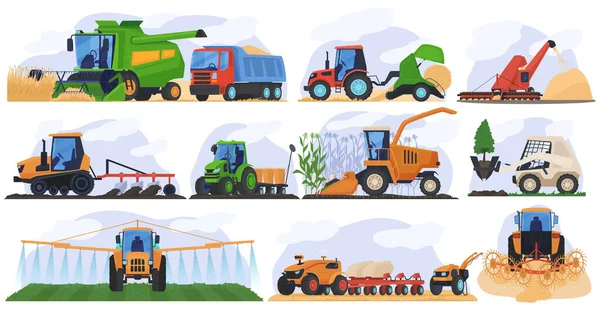 Zemědělské zemědělství stroje vozidlo izolované set vektor ilustrace zemědělství traktor balík sena, kombinovat kombajn. — Stockový vektor