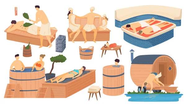 Sauna en spa houten badhuis, mensen in apanese russische en Turkse bad, stoomhuis ontspannen en vrije tijd geïsoleerde set cartoon vector illustratie. — Stockvector