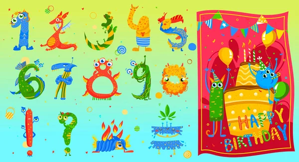 Monstruos bestias personajes números establecidos iconos, criaturas divertidas lindo para los niños feliz cumpleaños tarjeta de dibujos animados vector ilustración . — Archivo Imágenes Vectoriales