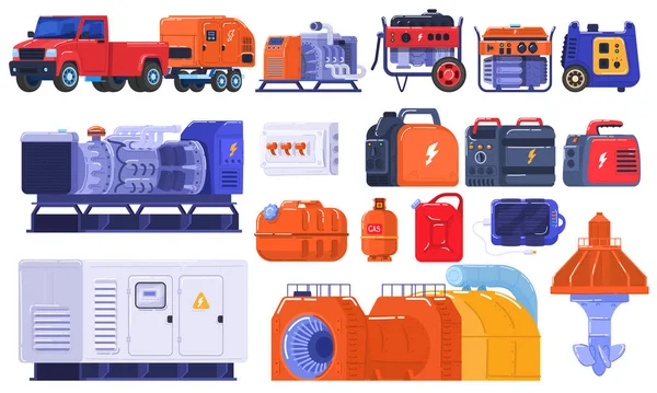 Conjunto de geradores de energia geradores de equipamentos elétricos portáteis, máquinas a gasolina combustível motor industrial isolado em ilustração vetor branco . —  Vetores de Stock