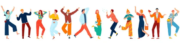 Pessoas felizes, jovens felizes rindo homens e mulheres dançando, pulando com as mãos levantadas conjunto isolado de ilustrações vetoriais planas . — Vetor de Stock