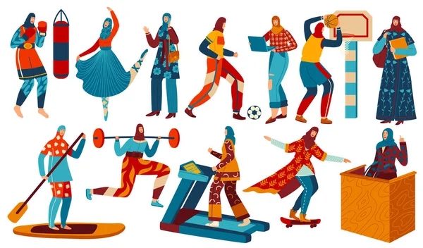 Moslim Arabische vrouw doet sport, fitness, het dragen van hijab in de sportschool workout, gelijke rechten in Arabieren wereld set van vector illustraties. — Stockvector