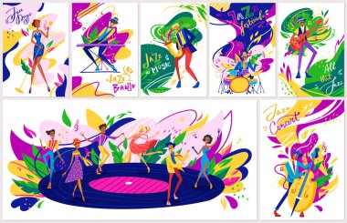 Summer jazz festival concert performance , jazzy musicians playing music, singers and jazz band instruments cartoon set of vector illustrations.