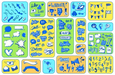 Defter kırtasiyesi, ofis satırı kalem çizimi, karalama, sayı simgeleri izole edilmiş vektör illüstrasyon koleksiyonu.