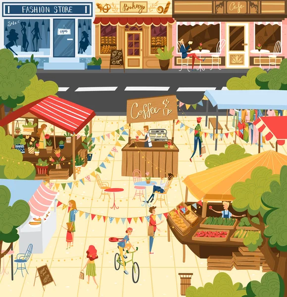 Boeren markt, mensen op de beurs tellers verkopers staan achter kraam met verse zelfgemaakte boerderij voedingsmiddelen outdoor vector Illustratie. — Stockvector