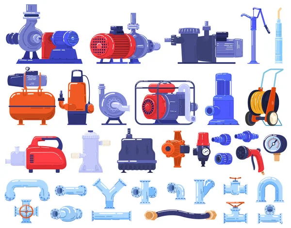 Pijp waterpompen machines, apparatuur, pijpleidingstechnologie in de industrie set van geïsoleerde vector illustratie. — Stockvector