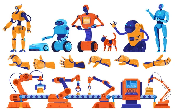 Roboty i robotyka produkcji ramienia, sprzęt przemysłowy, maszyny linii montażowych, robotyki robotyki robotów wektor ilustracji. — Wektor stockowy