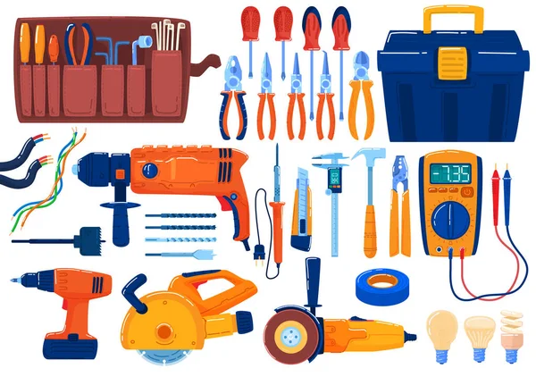 Electric tools set, equipment, pliers for stripping wire, wire cutters, screwdrivers and multimeter, electrical tape vector illustration. — Stock Vector