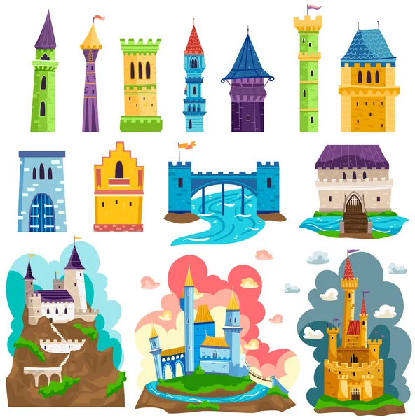 Castillos torres y fortalezas arquitectura vector ilustraciones dibujos animados, palacios medievales de hadas con torres, paredes y banderas . — Vector de stock