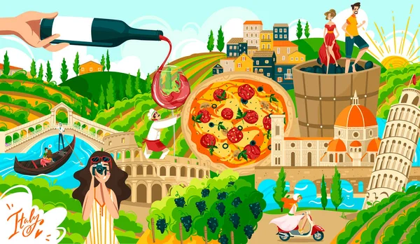 Viajar en italia símbolos, roma y la arquitectura italiana, alimentos y personas elementos turísticos monumentos, torre de pisa, ilustración vectorial de dibujos animados Venecia . — Vector de stock
