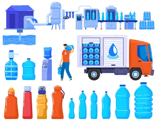 Μπουκαλάκια διανομής νερού, επιχειρήσεις logistic βιομηχανία υπηρεσιών, πλαστικά contaners και φορτηγό του νερού ποτό σύνολο διανυσματική απεικόνιση. — Διανυσματικό Αρχείο
