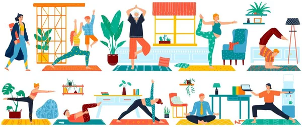 Esercizi sportivi di yoga per uomo, donna, incinta e anziana serie di illustrazione vettoriale di persone che fanno meditazione yoga e fitness . — Vettoriale Stock