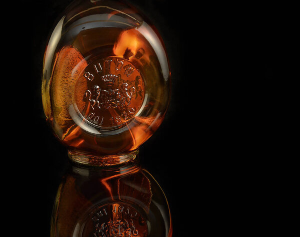 Brandy Buton Vecchia Romagna Classic by Italy. Founded in 1820, when Jean Bouton, a French emigrant family of cognac producers, arrived in the region Bologna - illustrative editorial