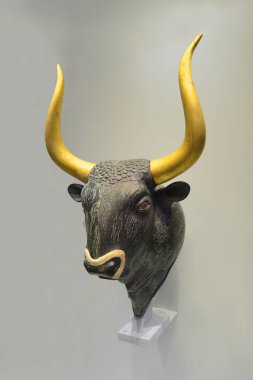 Stone bull's-head rhyton. It is a masterpiece of Minoan art from the Knossos-Little Palace, 1600-1450 BC. Knossos is the largest archaeological site of Crete, Greece clipart