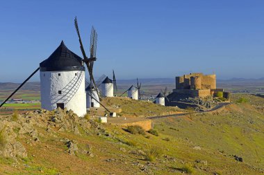Consuegra 'daki şato ve yel değirmenleri, Toledo bölgesi, Castilla La Mancha, İspanya. Don Kişot 'un Yel Değirmenleri Yolu.
