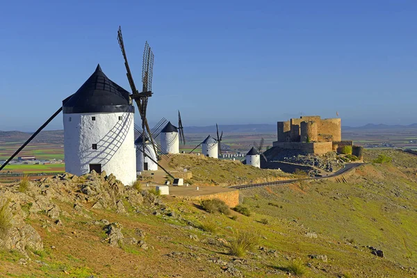 Consuegra 'daki şato ve yel değirmenleri, Toledo bölgesi, Castilla La Mancha, İspanya. Don Kişot 'un Yel Değirmenleri Yolu.