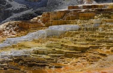 Travertine soyut oluşumlar - arka plan, Mammoth Hot Springs travertin çağlayanı. Yellowstone Ulusal Parkı 'nın Manzaraları, Usa, Unesco Dünya Mirası Bölgesi