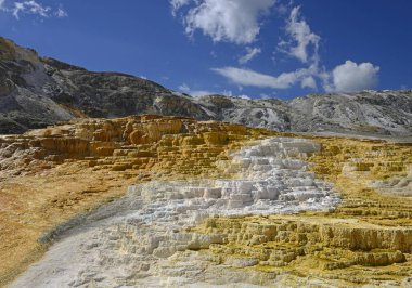 Travertine soyut oluşumlar - arka plan, Mammoth Hot Springs travertin çağlayanı. Yellowstone Ulusal Parkı 'nın Manzaraları, Usa, Unesco Dünya Mirası Bölgesi