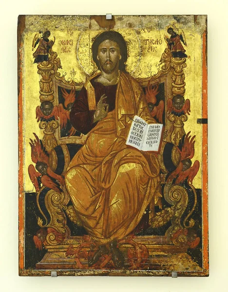 Икона Христа Царь Славы Xvii Век Монастыря Агия Триада Греческий — стоковое фото