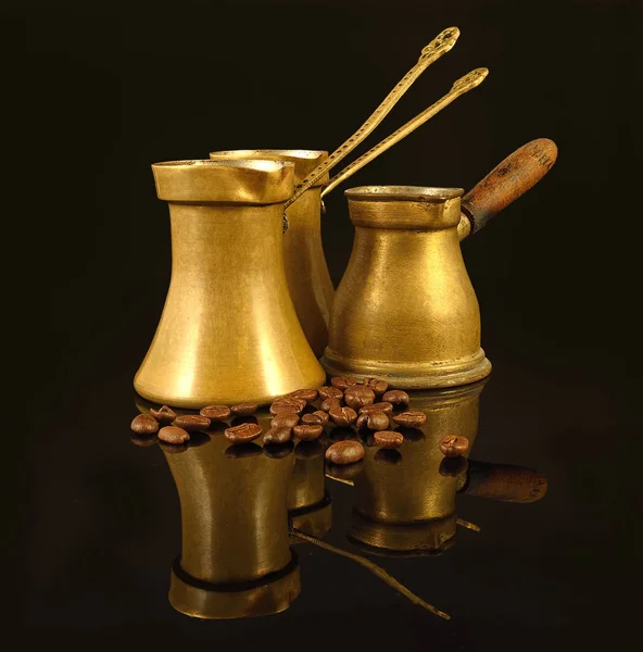 Old Copper Cezves Turkish Coffee Pot Beans Black Background — Stock Photo, Image