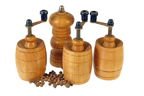 Wooden Spice Grinders Wooden Pepper Mill White Background — Stock Photo, Image