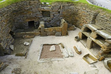 Skara Brae, Neolitik Orkney 'in Kalbi' nin bir parçası olan UNESCO Dünya Mirasları Alanı, İskoçya, İngiltere