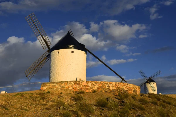 Wind mills at knolls at Consuegra, Toledo region, Castilla La Mancha, Spain. Route of Don Quixote with windmills.