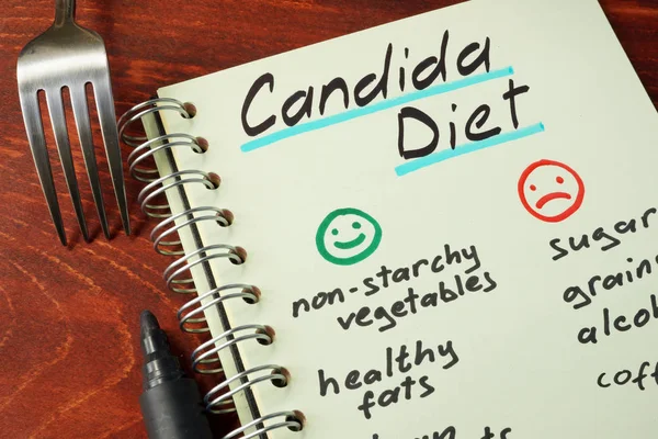 Diet Candida dengan daftar makanan yang ditulis pada catatan . — Stok Foto