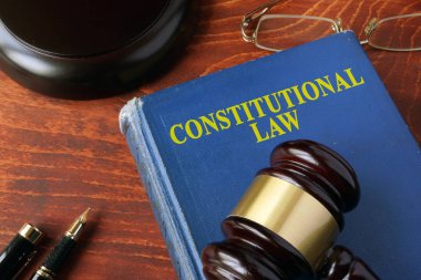 Başlık Anayasa hukuku bir kitap ve bir tokmak.