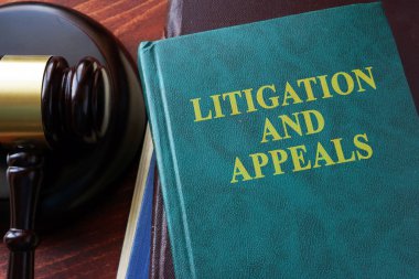 Litigation and appeals title on a book and gavel. clipart