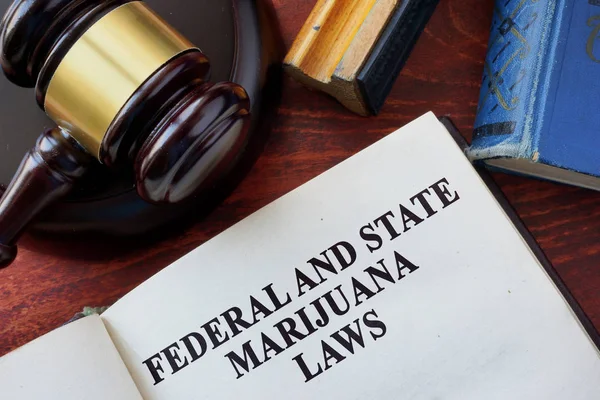 Ομοσπονδιακές και πολιτειακούς νόμους μαριχουάνα τίτλο σε ένα βιβλίο και σφυρί. — Φωτογραφία Αρχείου