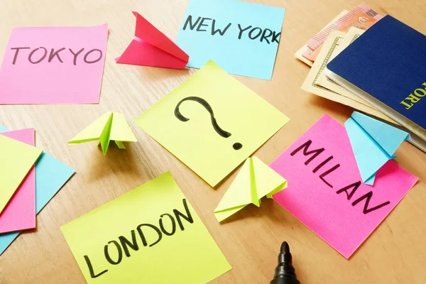 Vacation concept. Stick with question mark and sticks with names Tokyo, London, Milan, New York.