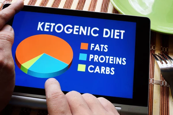 Человек держит планшет с планом питания Кето или кетогенной диеты . — стоковое фото