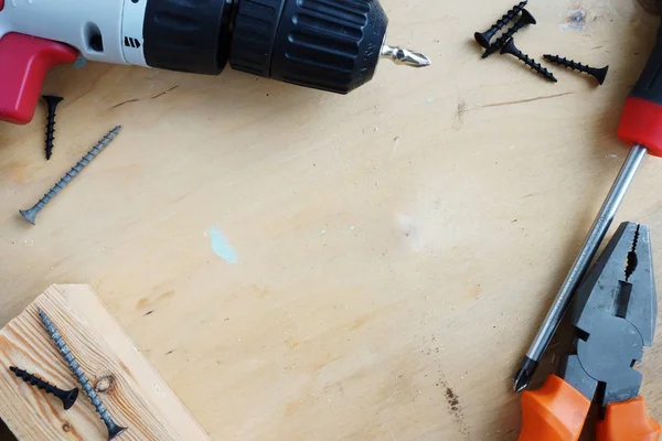 Tools Home Renovation Wooden Desk Hammer Screws Screwdriver — Stock Photo, Image