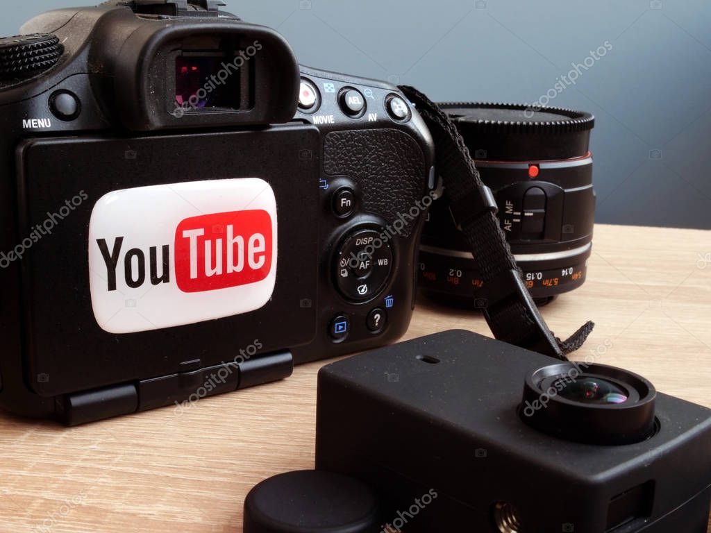 04 march 2018. Kyiv. Ukraine. YouTube logo on a digital camera. Video blogging or vlogs concept.