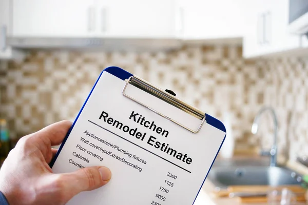 Clipboard with Kitchen remodel estimate. Cost of renovation. — Stock Photo, Image