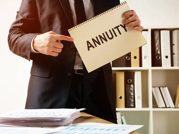 Annuity sign in the book that holds manager.